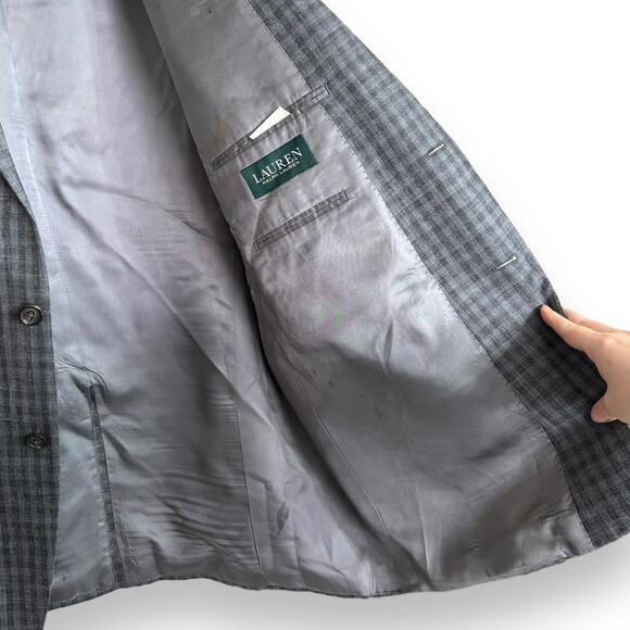 Lauren Ralph Lauren Wool Silk Blend Gray Plaid Two Button Blazer Men's Size 46L - Picture 9 of 13